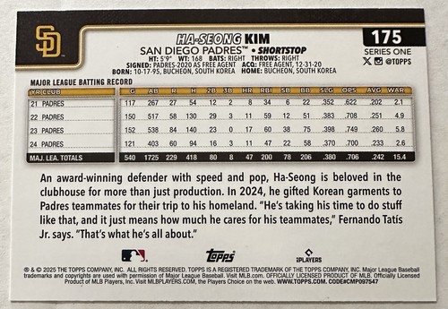2025 Topps Spring Training Foil Card #175 Ha-Seong Kim San Diego Padres - Foto 4 di 6