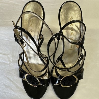 Casadei Black Gold Leather Strappy Floral Accent Cone Heel Sandals Women
