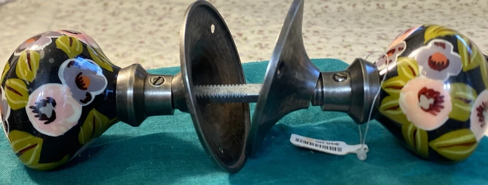 Pair Of Vintage Handpainted Floral Design Door Knobs W/ Backplates Nickel Hware - Image 2 of 4