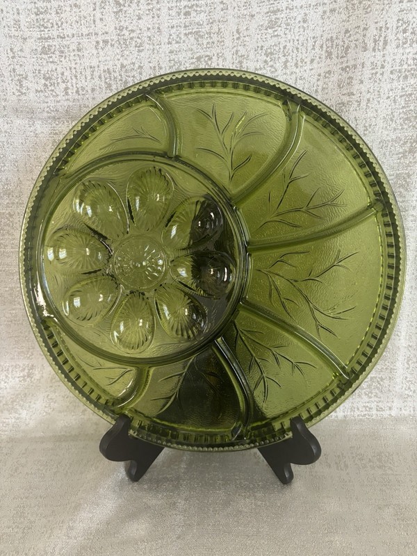Vintage Indiana Glass Avocado Green Deviled Egg & Relish Tray Tree of Life #7703