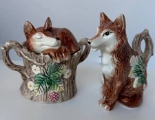 VTG Fitz and Floyd Happy Fox Ceramic Creamer & Sugar 1990-1991