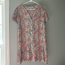 LOFT Dress Women's Short Sleeve Button Ruffle Pink Orange Green Medium Petite