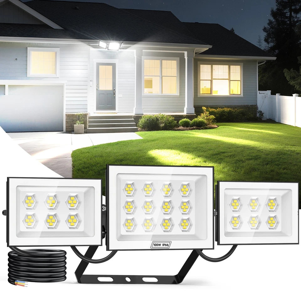 LED Außenwandleuchte 100W Wandleuchte Leucht IP65 Kaltweiß Flutlicht 3 Köpfe - Bild 2 von 4
