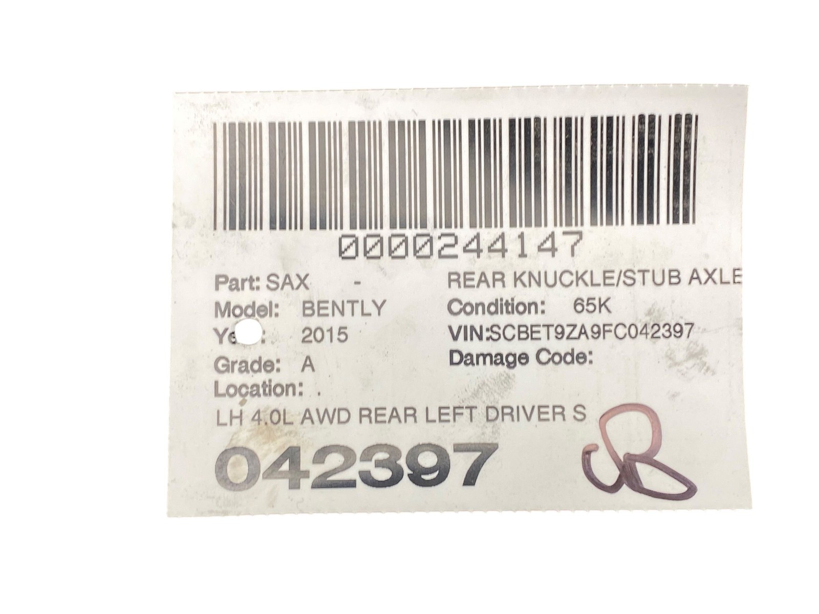 2013-2019 BENTLEY FLYING SPUR 4W 223B 4.0L AWD REAR LEFT DRIVER SPINDLE KNUCKLE