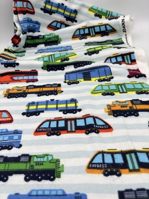 1 Yd Joann Fabric Colorful Train Express Cotton Flannel Blue Striped Kids Sewing