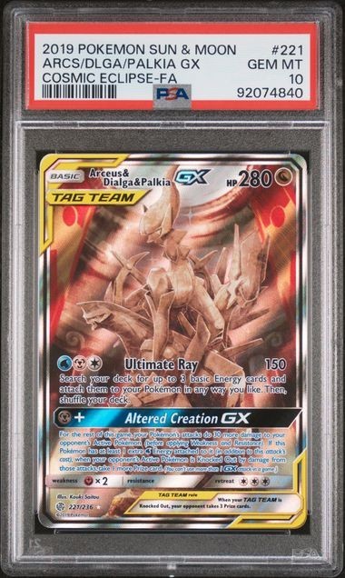 Pokemon Arceus & Dialga & Palkia Gx Cosmic Eclipse Full Alt Art 221/236 PSA 10