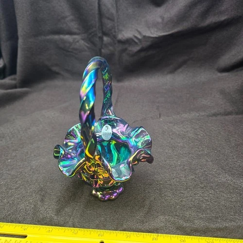 Fenton Amethyst Hand Made Iridescent Carnival Glass Basket - Purple