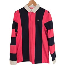 Adidas Originals Rugby Polo Shirt Mens Small Pink Navy Stripe Long Sleeve DU7852