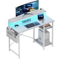 Computer Desk with LED Lights and Monitor Stand, Computer Table with Storage Bag