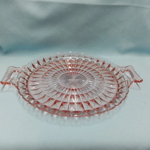 Vintage Jeanette Pink Windsor Glass Handled Cake Plate