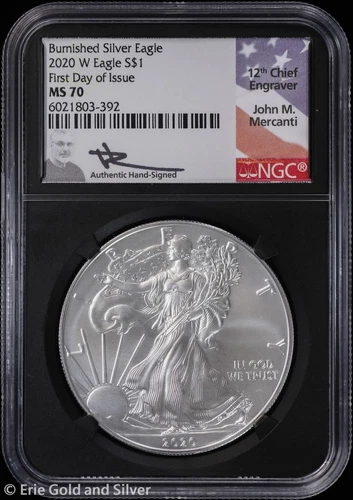 2020-W $1 Burnished American Silver Eagle NGC MS 70 | FDOI Mercanti Signed Slab