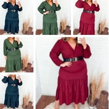 WOMEN PLUS SIZE SURPLICE NECK RUFFLE HEM BELTED MIDI DRESS ( ONE SIZE PLUS )