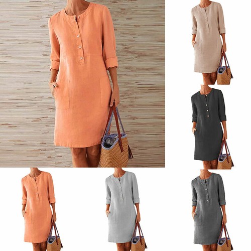 Women's Short Sleeve Cotton Linen Shirt Dress Ladies Casual Button Midi Sundress - Picture 5 of 17