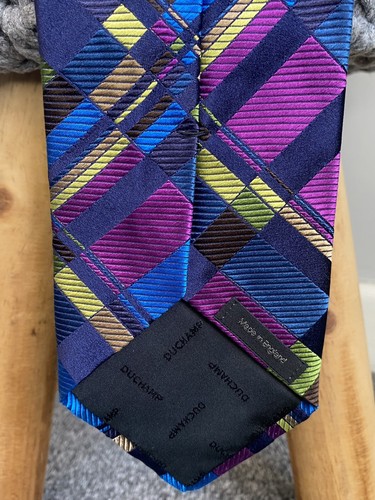 Duchamp London Black Label Silk Tie Geometric Purple Blue Green Squares - Picture 7 of 8