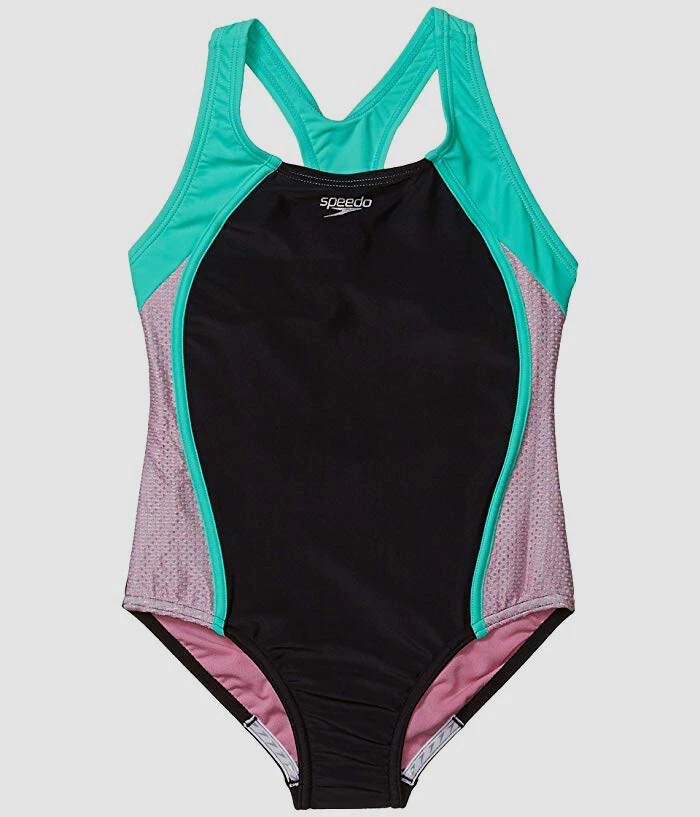 $44 Speedo Kid's Girl's Black Mesh One-Piece Splice Thick Striped Swimsuit  Sz 10