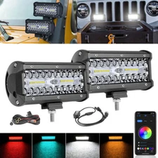 2x 7"inch RGB LED Light Bar Spot Flood Driving Lamps Bluetooth Music Wiring Kit