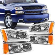 Headlights Assembly For 2003-2006 Chevy Silverado Avalanche Chrome +Bumper Lamps