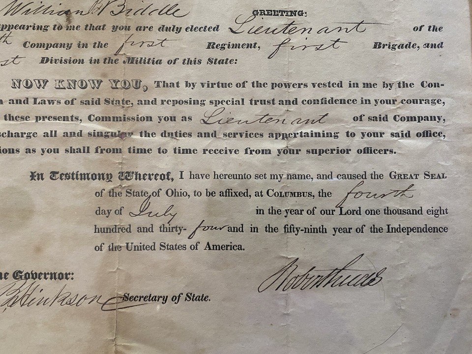 Early Ohio Militia Commission Paper 1834 eBay