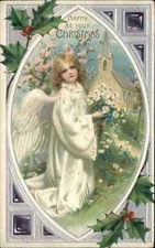 Christmas Angel Church Holly Embossed c1900s-20s Postcard