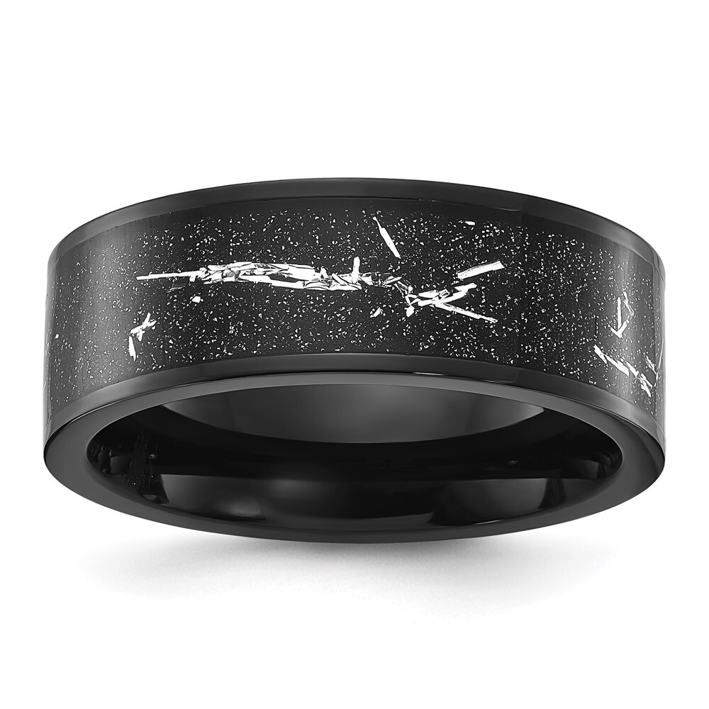 Titanium  Black IP-plated with Black and Silver Foil Inlay 8mm Band Ring Size 9