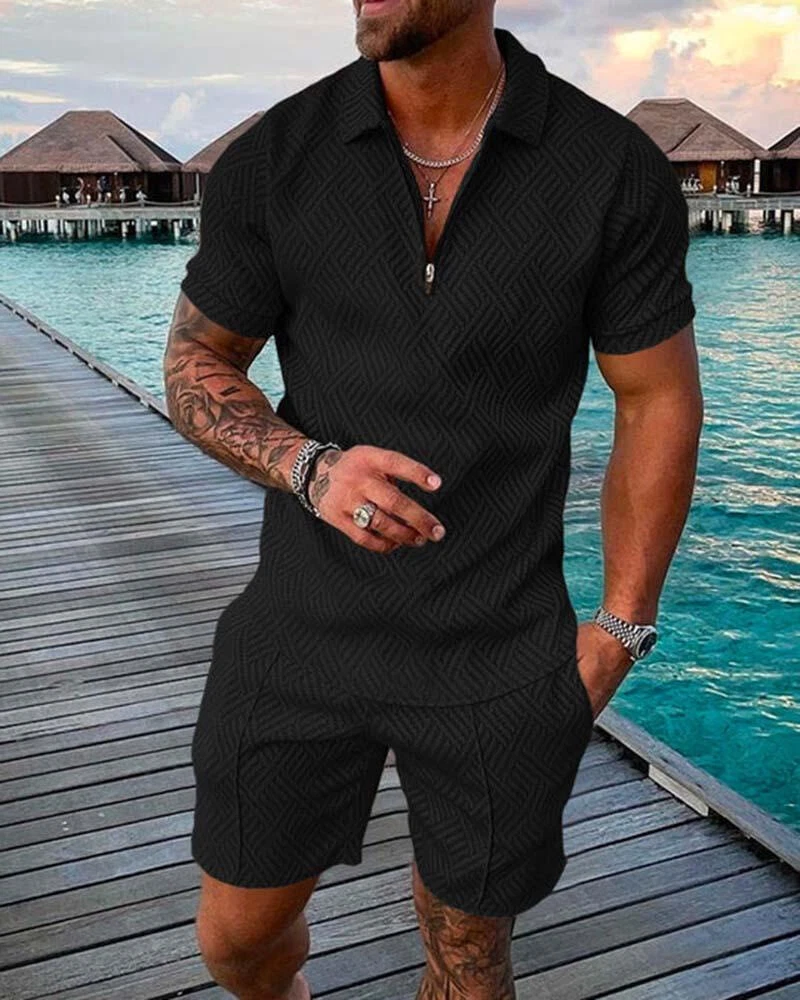 Men Lapel Neck Short Sleeve T-Shirt+Shorts Summer 2-Piece Set Sweatsuit  Outfit