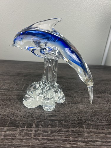 Kunstglas kobaltblauer Delfin auf klarer Welle Figur Murano-Stil groß schwer - Bild 2 von 9