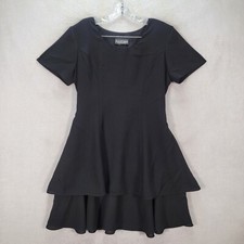 Vtg 90s Black Tiered Ruffle Tie Shoulder Pad Flare Dressy Womens Dress Size M