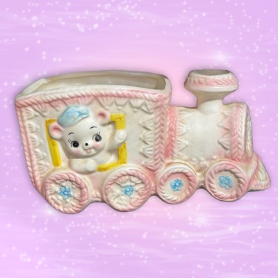 Vintage Inarco Ceramic Baby Planter Train Teddy Pink Blue E- 2247