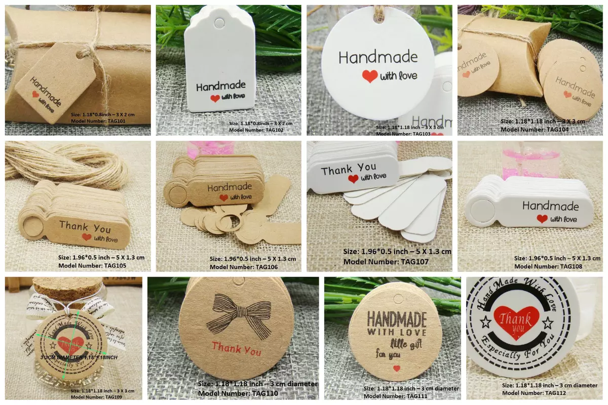 100 Pcs Handmade with love tags, craft, jewellery,handmade gift ,Thank You  Tag