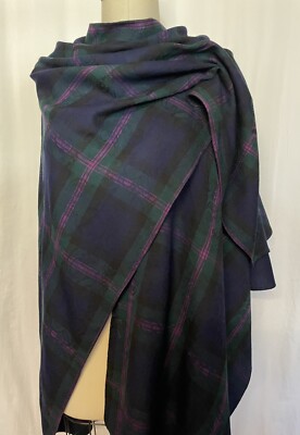 100% Fine Wool Wrap Shawl Scarf Navy Blue Green Magenta Plaid Fabric 76'' x 56''