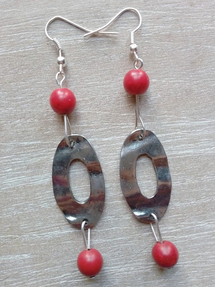 ORECCHINI IN ARGENTO 925 MARTELLATO CON DIASPRO ROSSO NATURALE PENDENTI DESIGN - Immagine 4 di 4