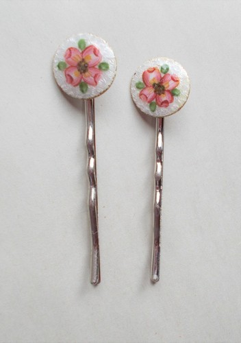  Bobby Pin set -GUILLOCHE ENAMEL PINK DOGWOOD FLOWER  ACCENT- RHODIUM PLATE-   - Picture 1 of 3