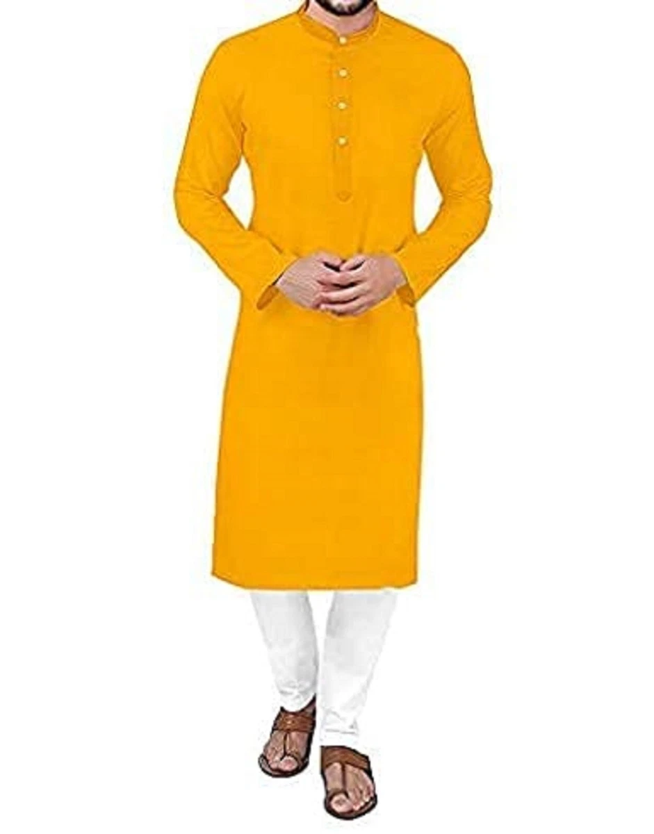 Men Solid Straight Long Shirt Kurta Diwali Haldi Yellow Cotton
