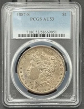 1887 S $1 Morgan Silver Dollar PCGS AU 53, Semi-Key Date Coin
