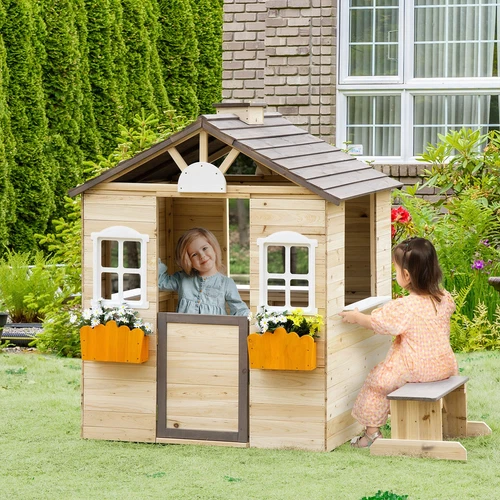 Wooden Kids Playhouse, Garden Pretend Play Games, w/ Flowers Pot Holder