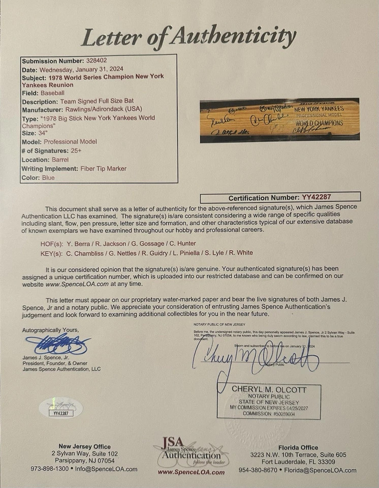 NY YANKEES-1978 MURCIÉLAGO SERIE MUNDIAL FIRMADO 20 AUTÓGRAFOS REGGIE/YOGUIDRY/CAZADOR Foto 4 de 4