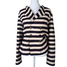 Cabi Jacket Womens 6 Navy Cream Striped Double Breasted Blazer Nautical 5094