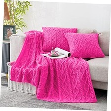 Cable Knit Throw Blanket 50 x 60 Inch Blanket  18 x 18 Inch Pillow Hot Pink