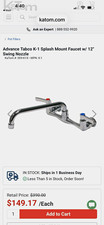 Advance Tabco K-1 Splash Mount Faucet 8" Centers 12" Swing Nozzle 1 GPM Aerator