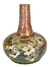 Antique 19thC English Barbotine Arts Crafts Japonisme Dogwood Ceramic Lamp Vase