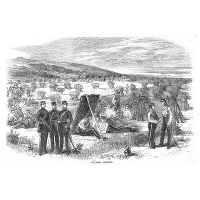 SEAFORD Troops at Ease Amongst the Haystacks - Antiker Druck 1858