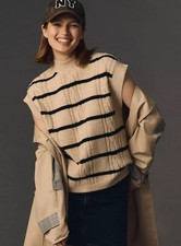 Anthropologie Maeve Striped Cable Knit Sweater Vest Sleeveless Tan Black Small S
