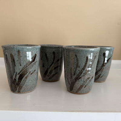 Vintage Japanese Stoneware Yunomi Cups Set of 4 | Studio Pottery Sake Tea Cups |