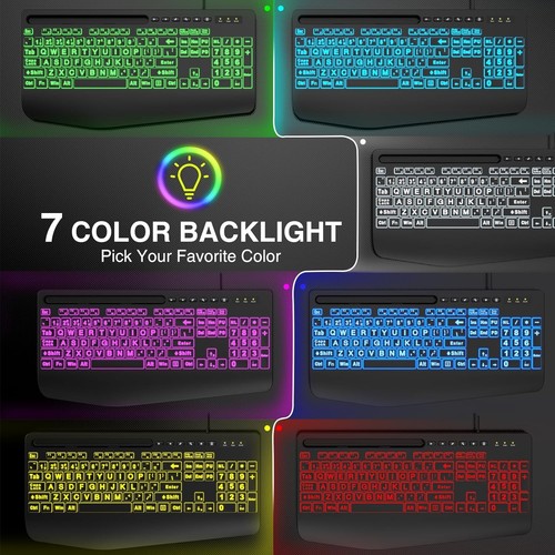 SABLUTE Large Print Backlit Computer Keyboards, Wired Lighted USB Black - Afbeelding 6 van 9