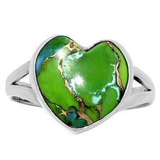 Natural Heart Blue Turquoise in Green Mohave 925 Silver Ring Size 10 USA