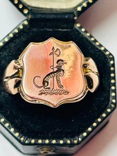 “Antique 9ct Rose Gold Greyhound & Pole Axe Intaglio Seal Ring” Heavy 6g Size S