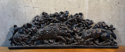Antique Cast Iron Hunting Scene Plaque Boar Hounds Oak Leaves