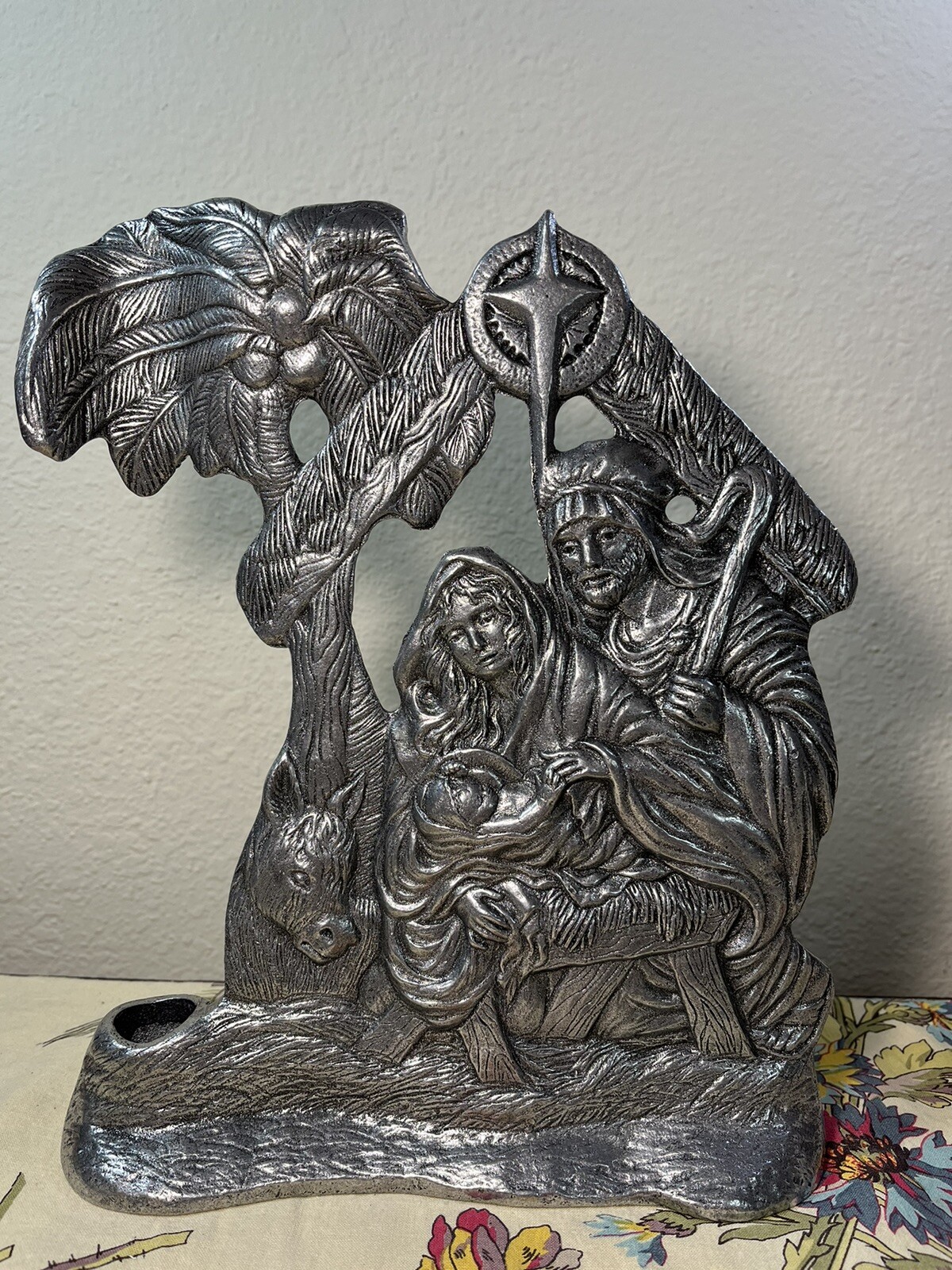 VTG pewter Christmas Nativity Taper Candle Holder