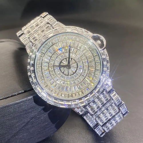 Hip Hop Luxury Men's Ice Out Watch Iced King Bling VVS Waterproof Silver Diamond