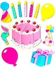 Sandylion Stickers Vintage Kromekote BIRTHDAY CAKE, Candles, Balloon Party